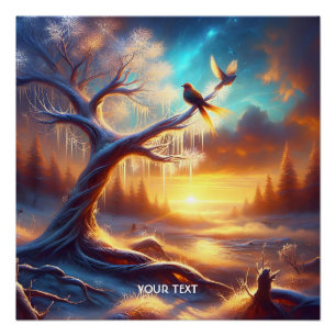 Poster Imaginaire Oiseaux mignons Arbre couché de soleil