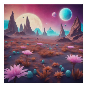 Poster Imaginaire Planète Alien Paysage avec fleurs