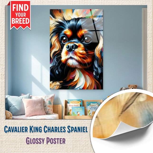 Poster Impression acrylique de chien Cavalier King Charle (Glossy Wall Art - Cavalier Spaniel Bold Abstract Portrait)