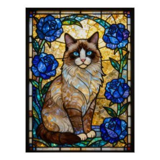 Poster Impression d'art de chat Ragdoll vitrail roses ble