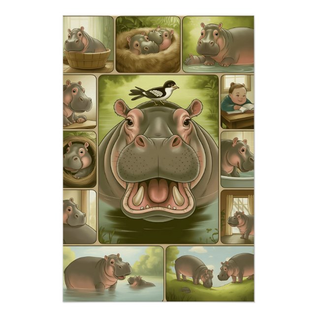 Poster Impression d'art d'Hippopotame joueur & Oiseau – 1 (Devant)