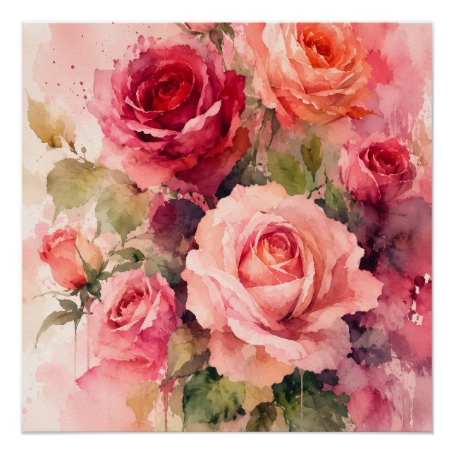 Poster Impression d'art mural Bouquet de roses à l'aquare (Devant)