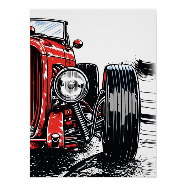 Poster Impression d'art pop avant d'une voiture rétro rou (Devant)