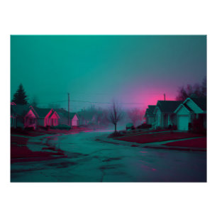 Poster Impression de paysage nocturne suburbain de brume 