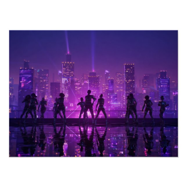 Poster Impression de silhouette de la ville cyber pourpre (Devant)