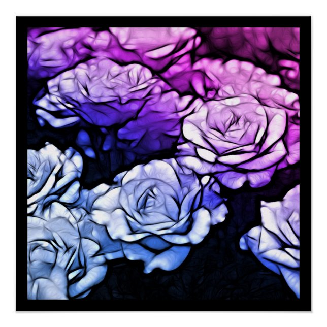 Poster impressionnisme Shabby Chic Bleu Violet Roses (Devant)