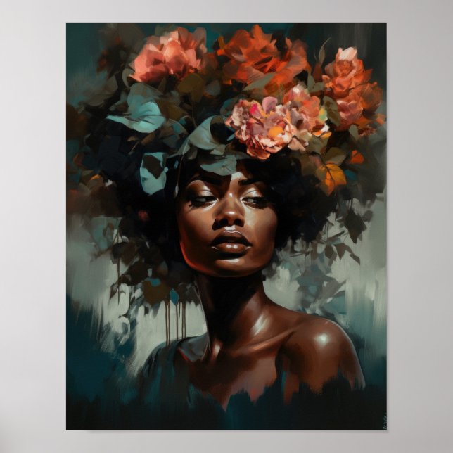 Poster imprimé d'une femme avec une tête de fleurs (Devant)