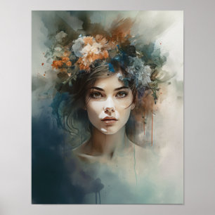 Poster imprimé d'une femme avec une tête de fleurs