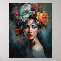 Poster imprimé d'une femme avec une tête de fleurs