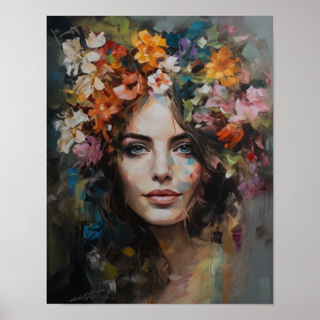 Poster imprimé d'une femme avec une tête de fleurs (Devant)