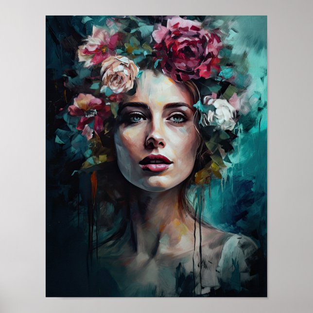 Poster imprimé d'une femme avec une tête de fleurs (Devant)