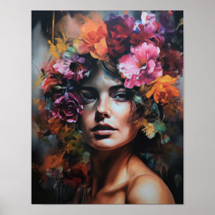 Poster imprimé d'une femme avec une tête de fleurs