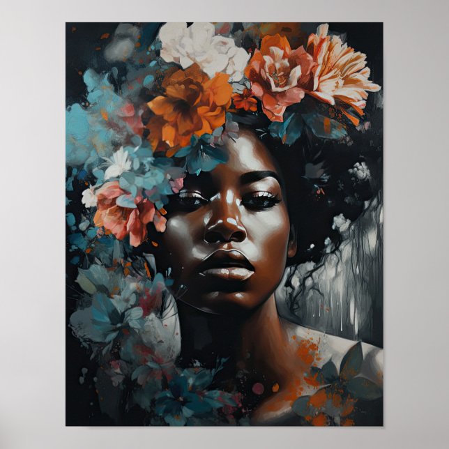 Poster imprimé d'une femme avec une tête de fleurs (Devant)