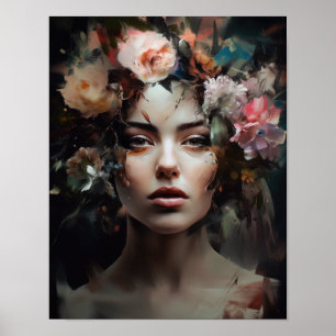 Poster imprimé d'une femme avec une tête de fleurs