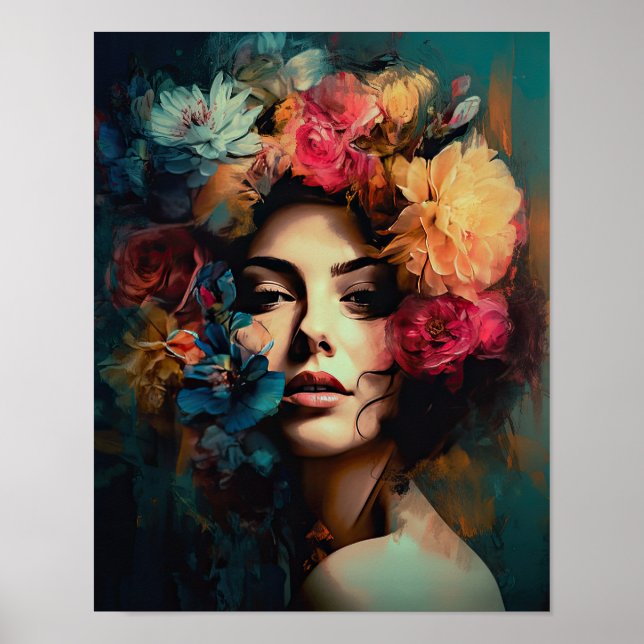 Poster imprimé d'une femme avec une tête de fleurs (Devant)