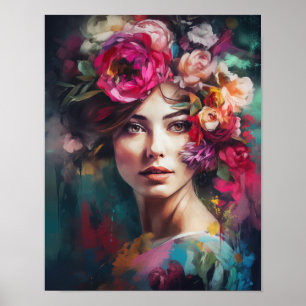 Poster imprimé d'une femme avec une tête de fleurs
