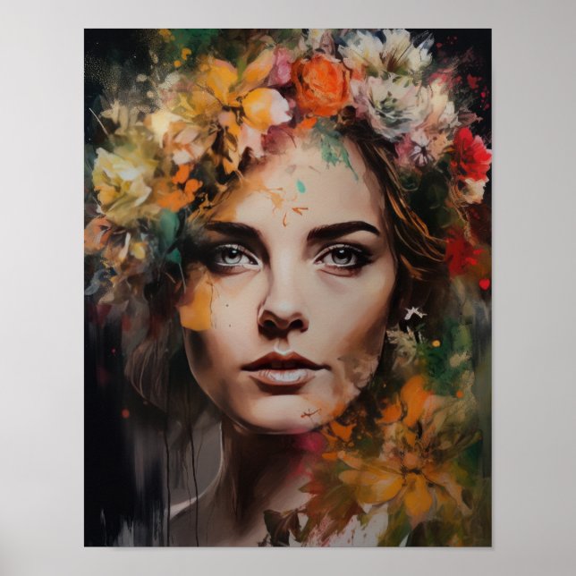Poster imprimé d'une femme avec une tête de fleurs (Devant)