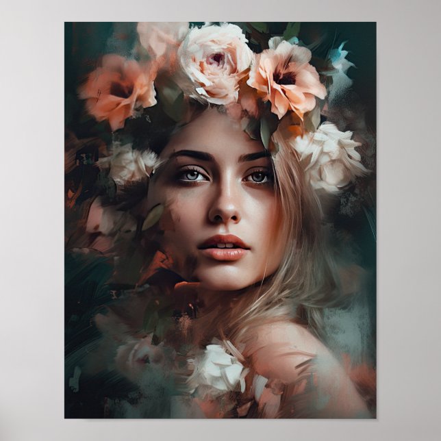 Poster imprimé d'une femme avec une tête de fleurs (Devant)