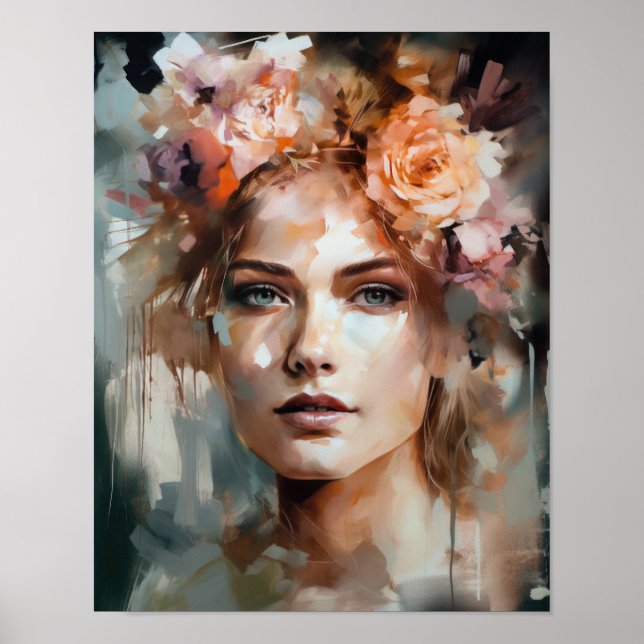 Poster imprimé d'une femme avec une tête de fleurs (Devant)