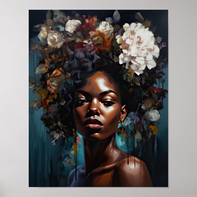 Poster imprimé d'une femme avec une tête de fleurs (Devant)
