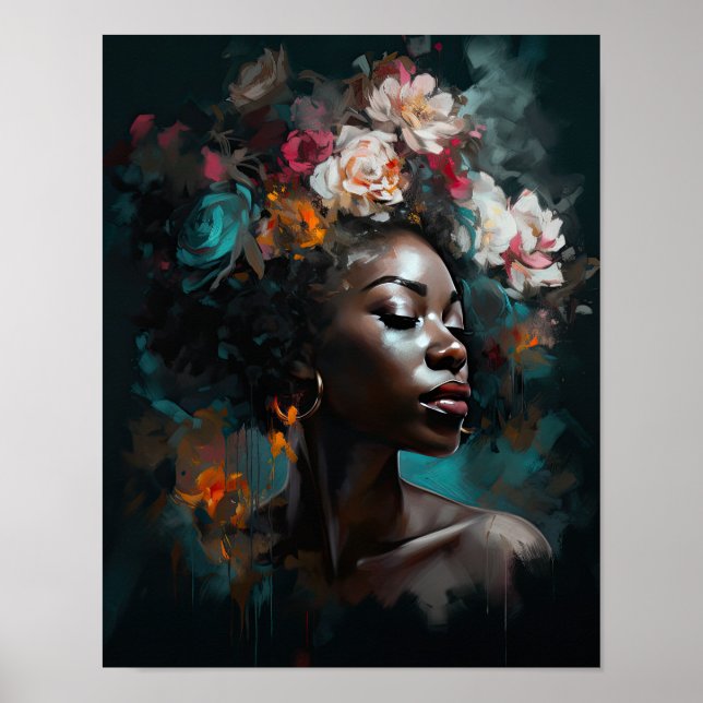 Poster imprimé d'une femme avec une tête de fleurs (Devant)