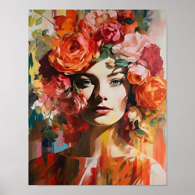 Poster imprimé d'une femme avec une tête de fleurs (Devant)