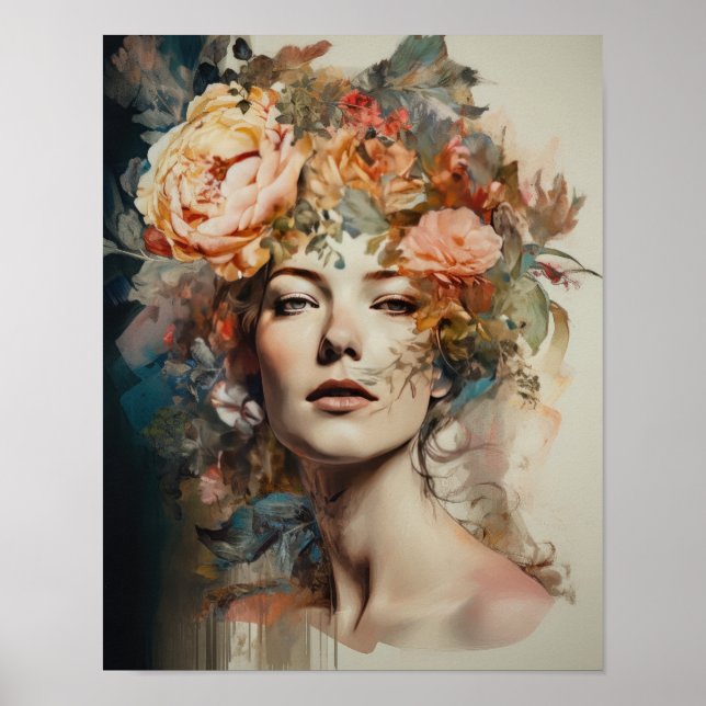 Poster imprimé d'une femme avec une tête de fleurs (Devant)