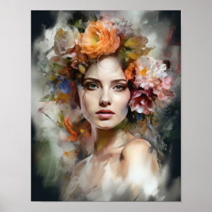 Poster imprimé d'une femme avec une tête de fleurs