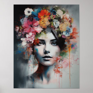 Poster imprimé d'une femme avec une tête de fleurs