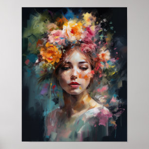 Poster imprimé d'une femme avec une tête de fleurs