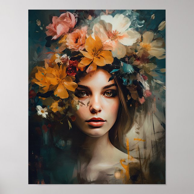 Poster imprimé d'une femme avec une tête de fleurs (Devant)