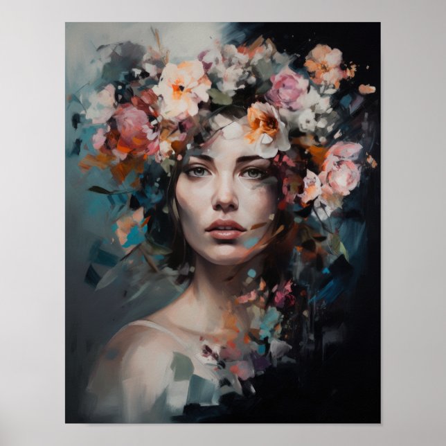 Poster imprimé d'une femme avec une tête de fleurs (Devant)