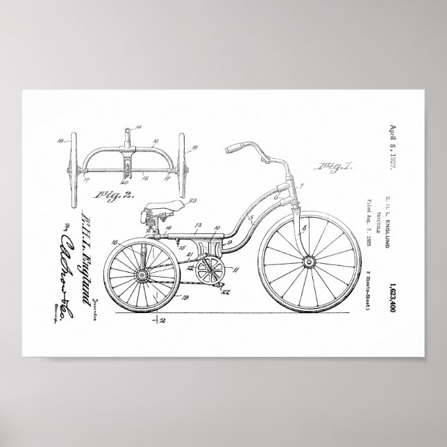 Poster Imprimé en 1925 Vintage Tricycle Patent Art (Devant)