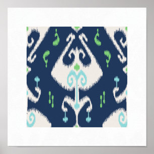 Poster imprimé tribal chic moderne bleu vert ikat motif