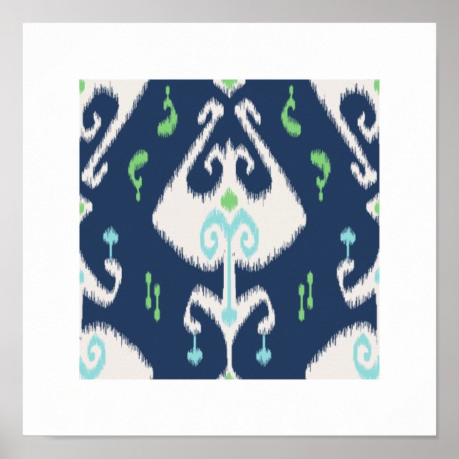 Poster imprimé tribal chic moderne bleu vert ikat motif (Devant)