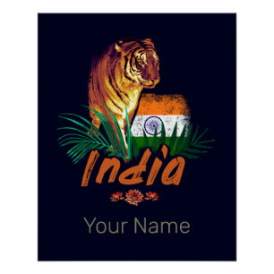 Poster Inde Tigre Vintage Avec Drapeau Retro Lotus Souven