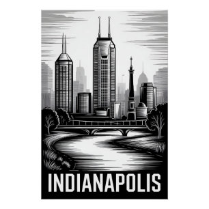 Poster Indianapolis Indiana Skyline Noir et Blanc Gravure