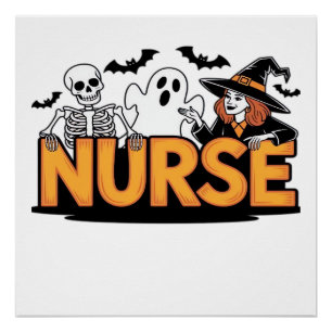 Poster Infirmière - Halloween - avec fantôme, sorcière et