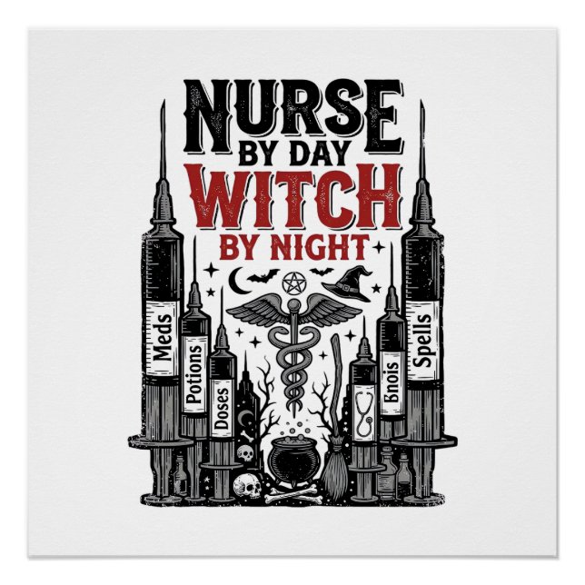 Poster Infirmière le jour sorcière la nuit Design Hallowe (Devant)