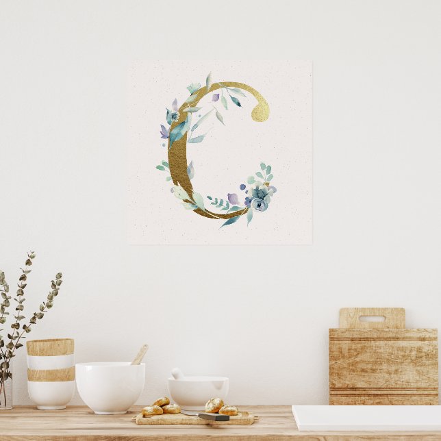 Poster initial C Golden et Blue Floral Monogram (Cuisine)