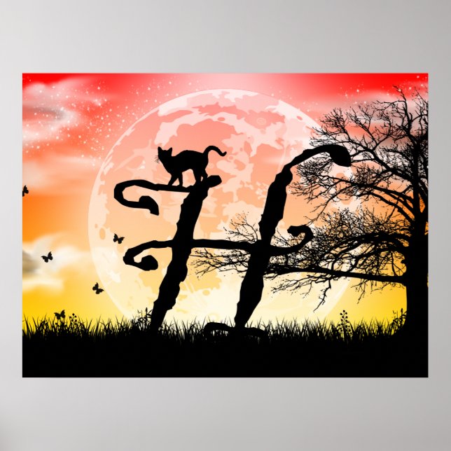 Poster initial du monogramme Pleine lune et chat H (Devant)