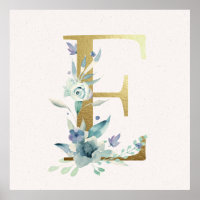 Poster initial E Golden et Blue Floral Monogram