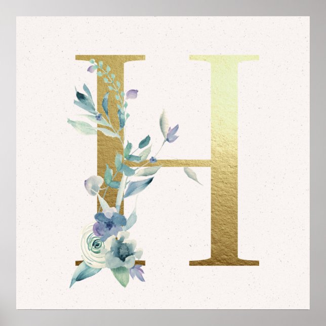 Poster initial H Golden et Blue Floral Monogram (Devant)
