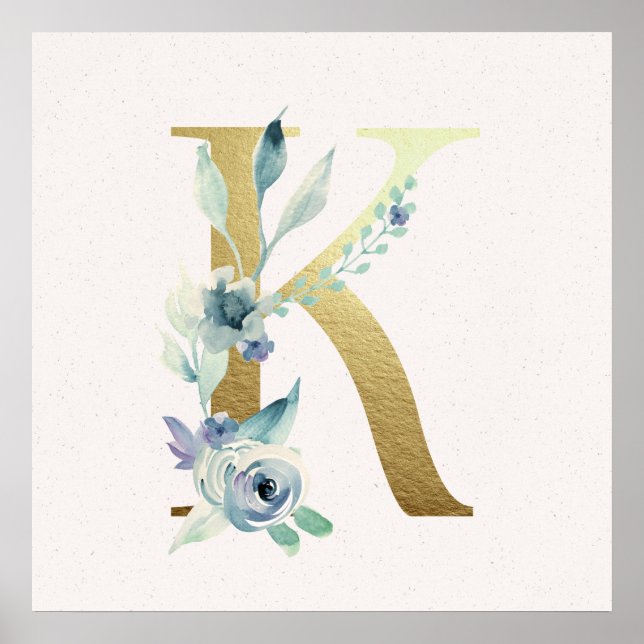 Poster initial K Golden et Blue Floral Monogram (Devant)
