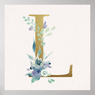 Poster initial L Golden et Blue Floral Monogram