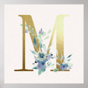 Poster initial M Golden et Blue Floral Monogram