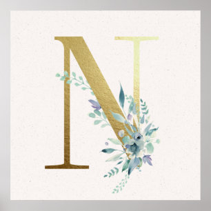 Poster initial N Golden et Blue Floral Monogram