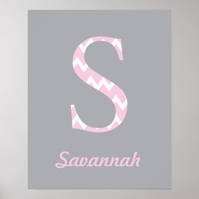 Poster Initial S" Personnalisé Chevron Pink Baby Name (Devant)