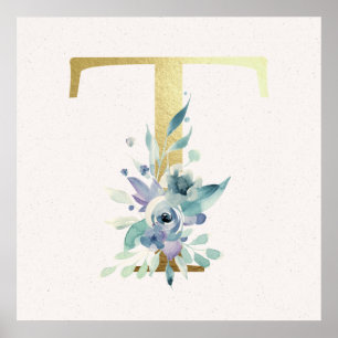 Poster initial T Golden et Blue Floral Monogram