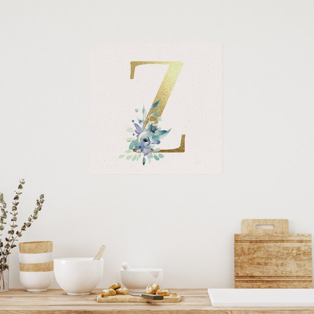 Poster initial Z Golden et Blue Floral Monogram (Cuisine)